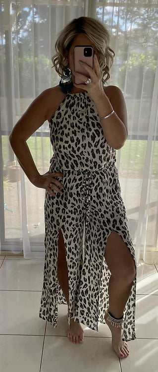 Mabel Halter Jumpsuit - Cream Leopard (small sizing)
