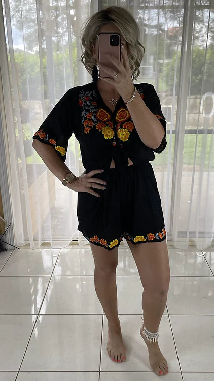 Embroidered Playsuit - Black