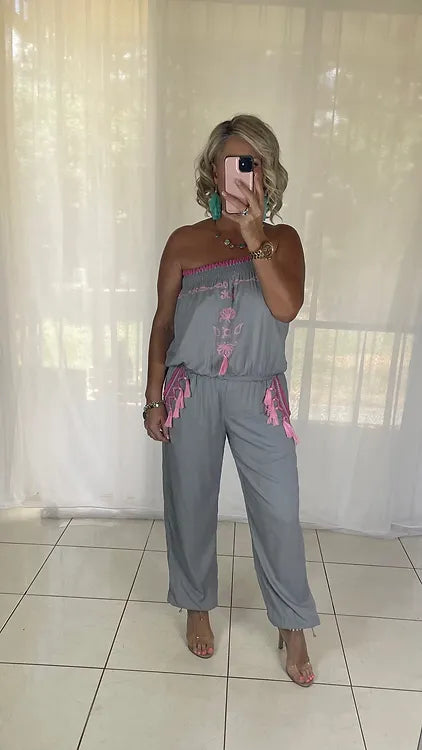 Embroidered jumpsuit tassels - grey + pink