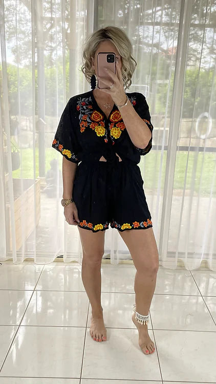Embroidered Playsuit - Black