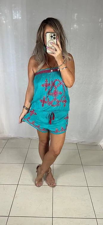 Sequin Playsuit - Aqua + Pink