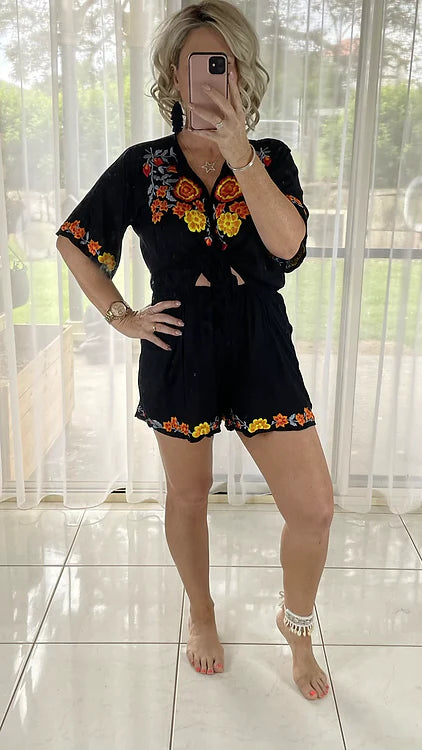 Embroidered Playsuit - Black