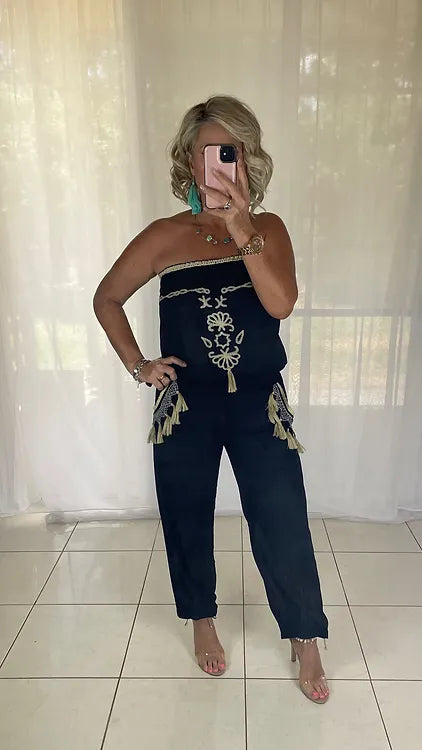Embroidered jumpsuit tassels - black + cream + blue tassels