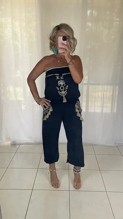 Embroidered jumpsuit tassels - black + cream + blue tassels