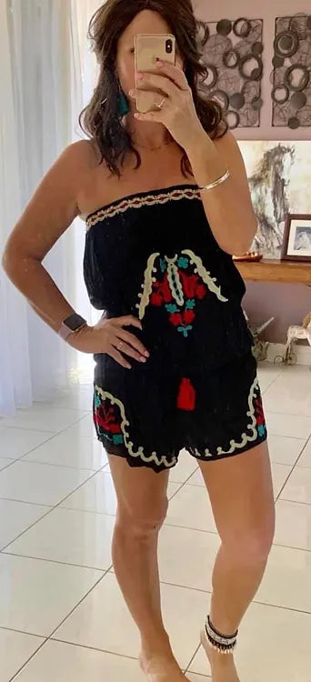 Embroidered Playsuit - Black
