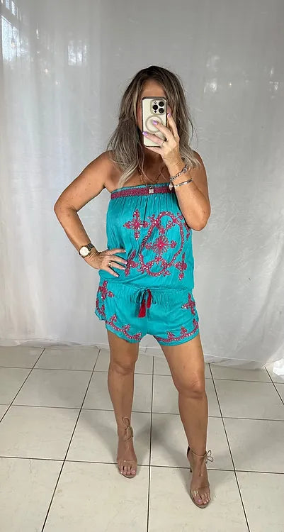 Sequin Playsuit - Aqua + Pink