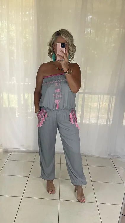 Embroidered jumpsuit tassels - grey + pink