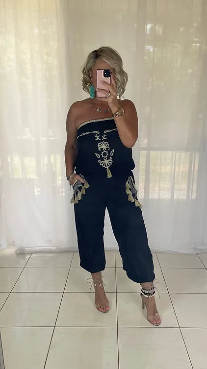 Embroidered jumpsuit tassels - black + cream + blue tassels