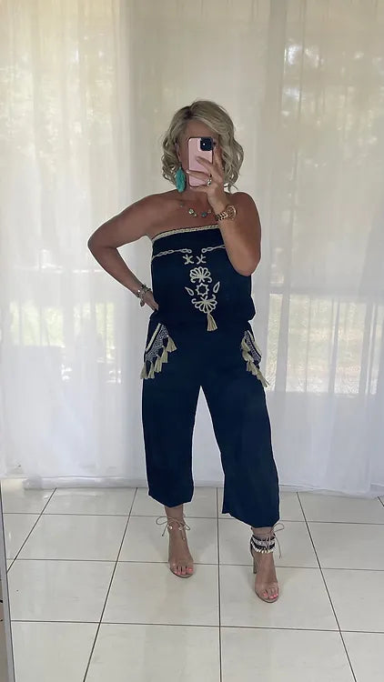Embroidered jumpsuit tassels - black + cream + blue tassels
