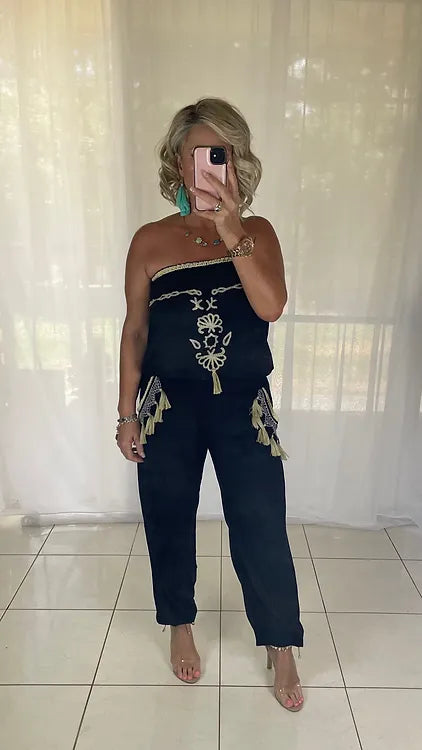 Embroidered jumpsuit tassels - black + cream + blue tassels