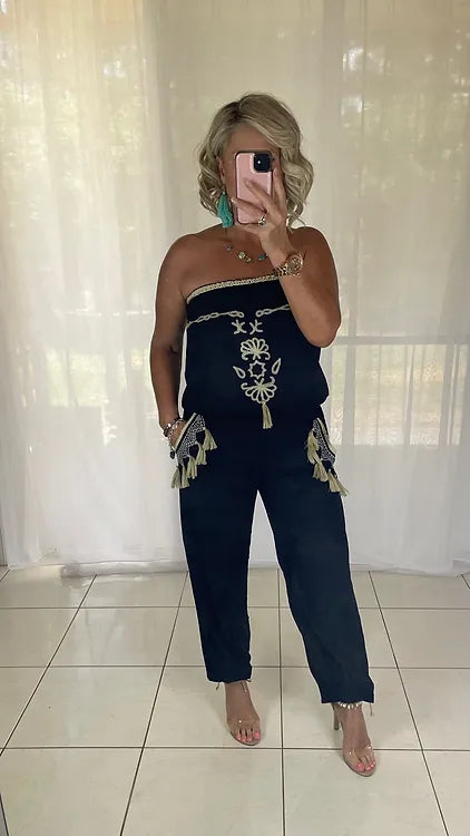 Embroidered jumpsuit tassels - black + cream + blue tassels