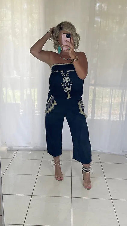 Embroidered jumpsuit tassels - black + cream + blue tassels