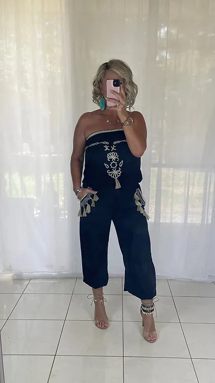Embroidered jumpsuit tassels - black + cream + blue tassels