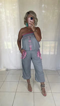 Embroidered jumpsuit tassels - grey + pink
