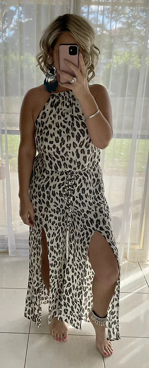 Mabel Halter Jumpsuit - Cream Leopard (small sizing)