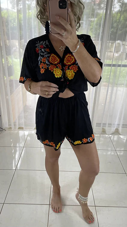 Embroidered Playsuit - Black