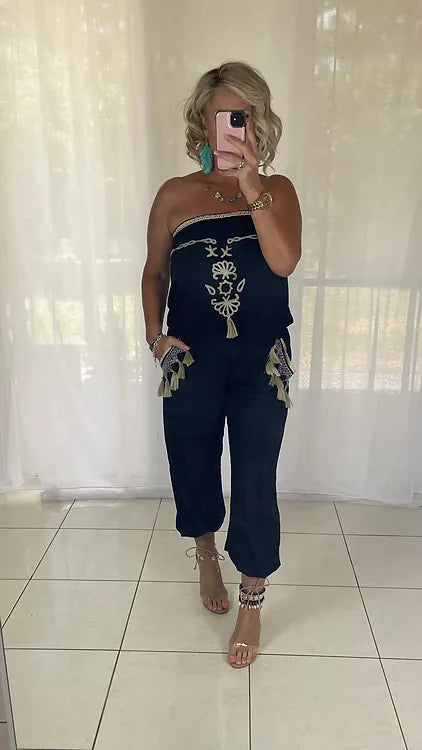 Embroidered jumpsuit tassels - black + cream + blue tassels