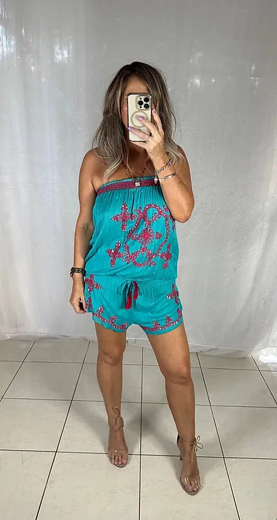 Sequin Playsuit - Aqua + Pink
