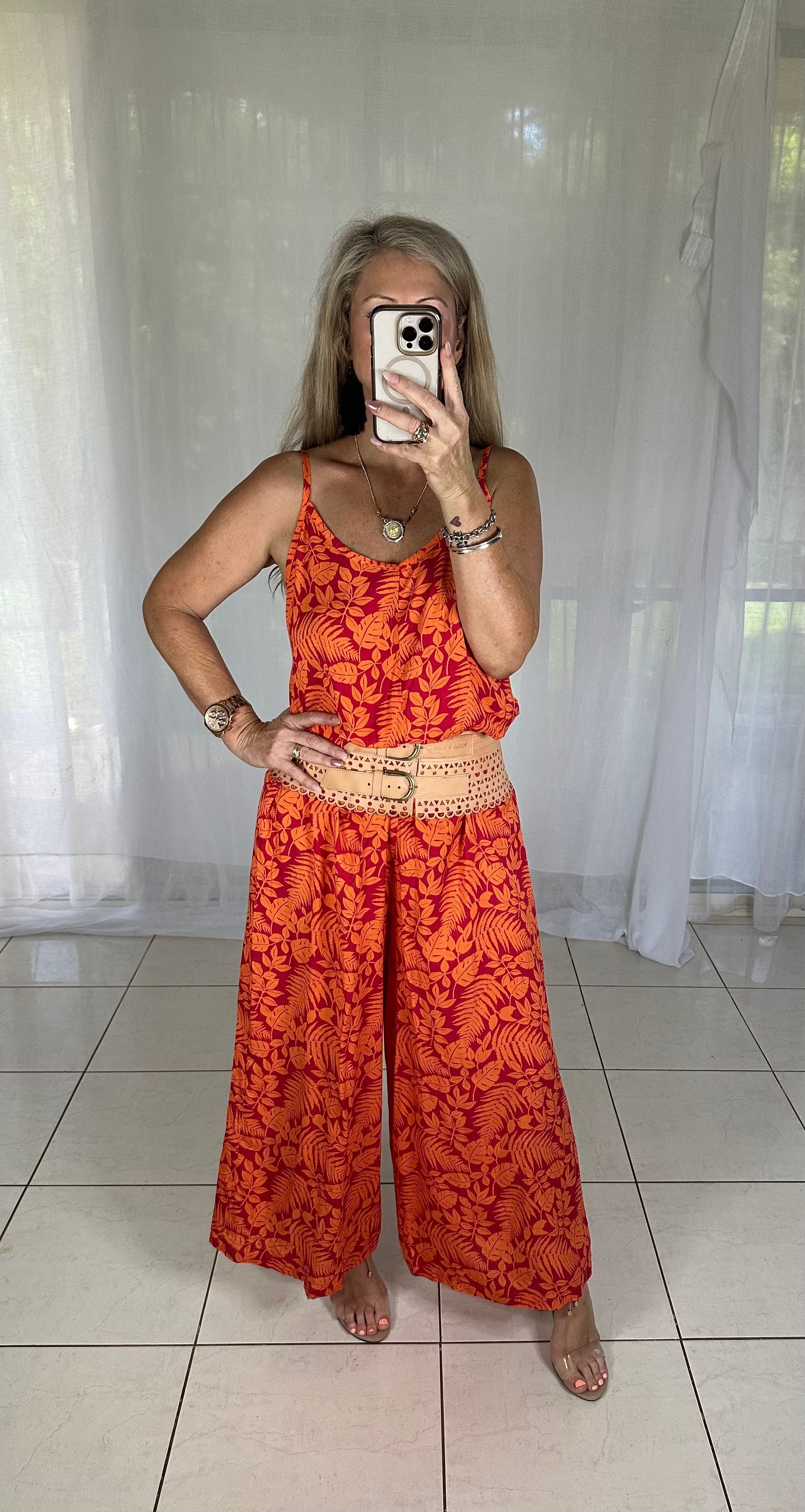 Flare leg Jumpsuit - Red + Coral